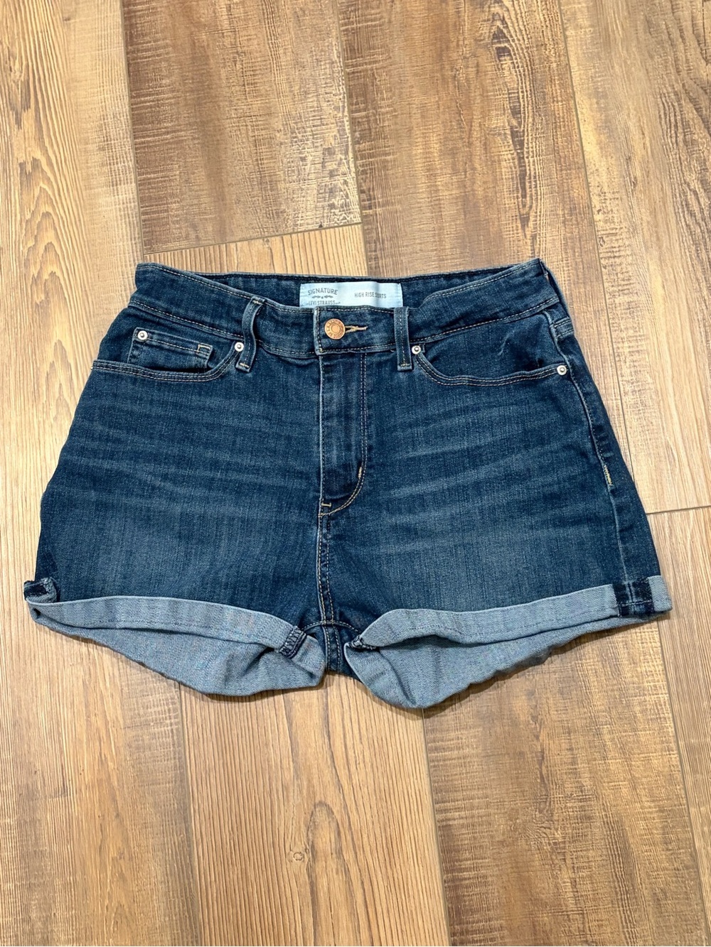 High-Rise Dark Indigo Rolled Cuff Denim Shorts